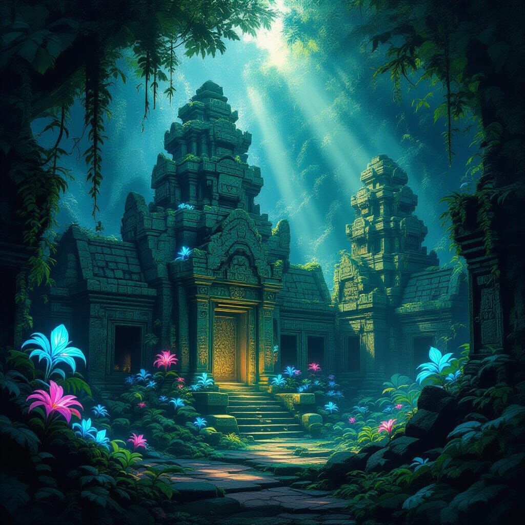 Hidden Jungle Temple Illuminated by Bioluminescent Flora