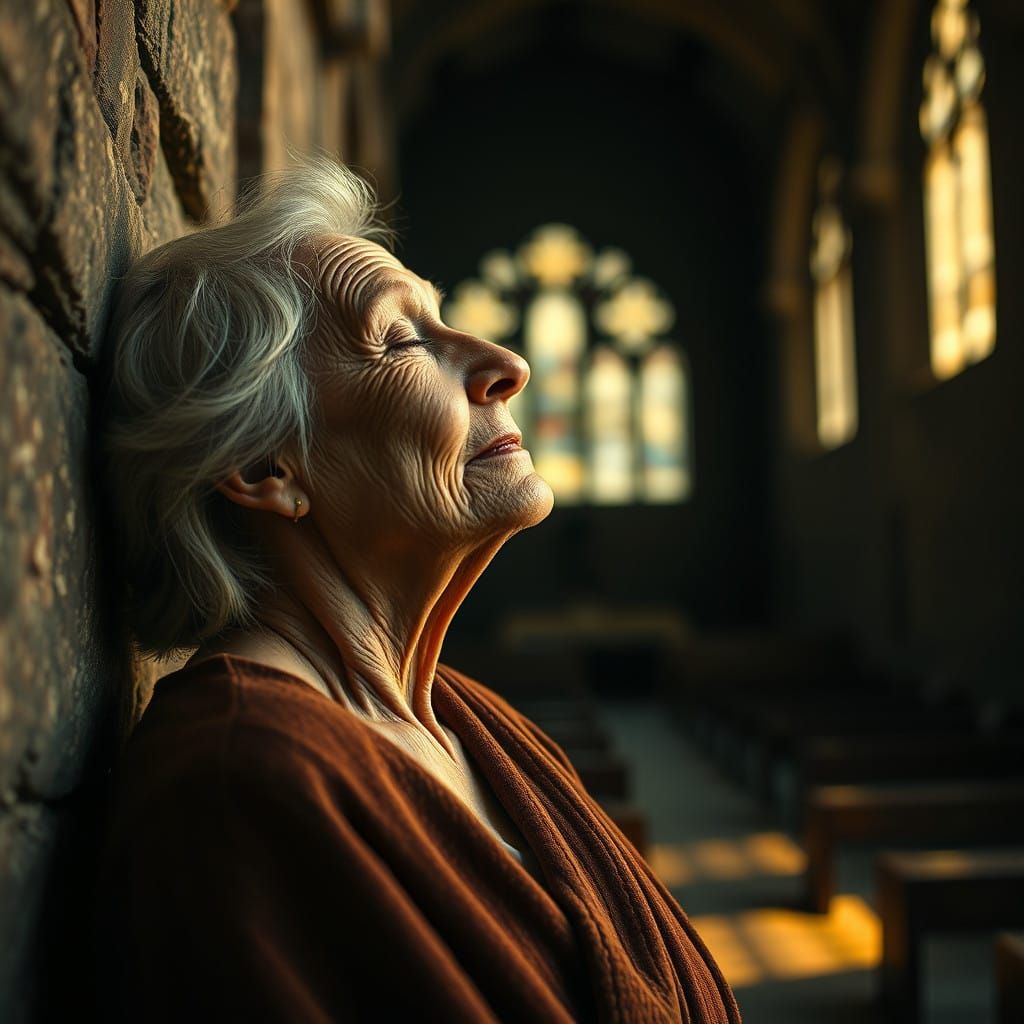 Elderly Woman in Golden Hour Church Interior