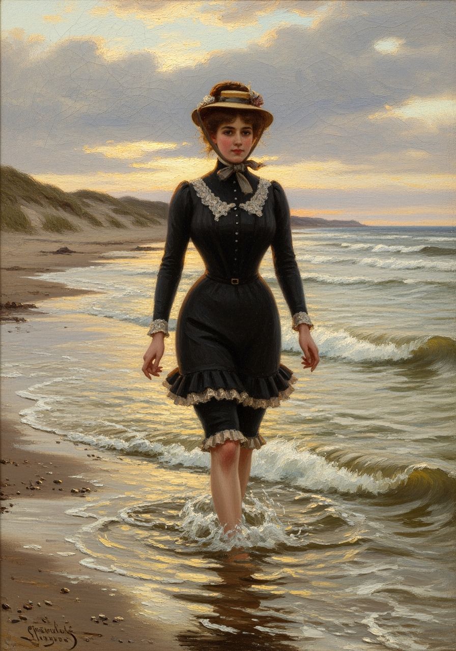Victorian Woman at Beach, Oil Painting Style