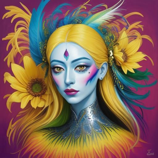 Surrealist Woman with Feathers in Fauvist Expressionism