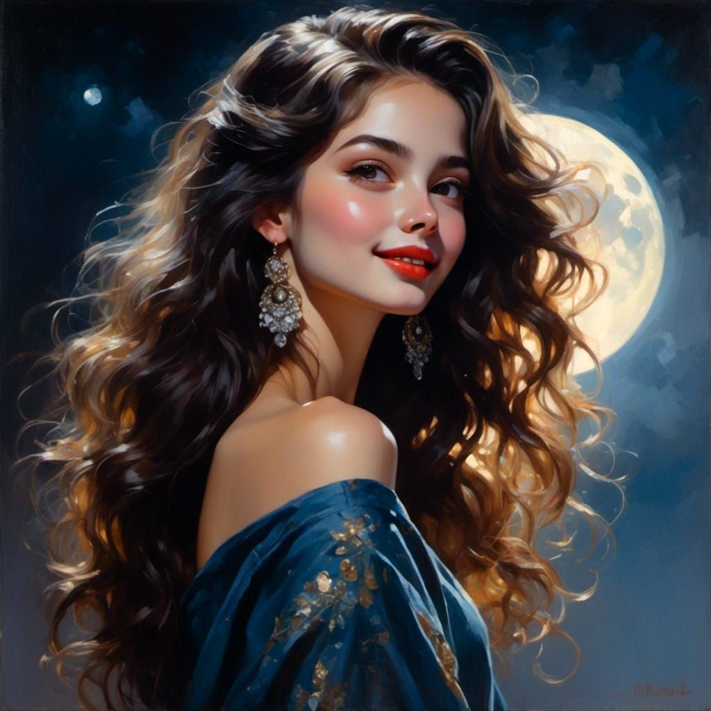 Moonlit Brunette Smiles Over Shoulder