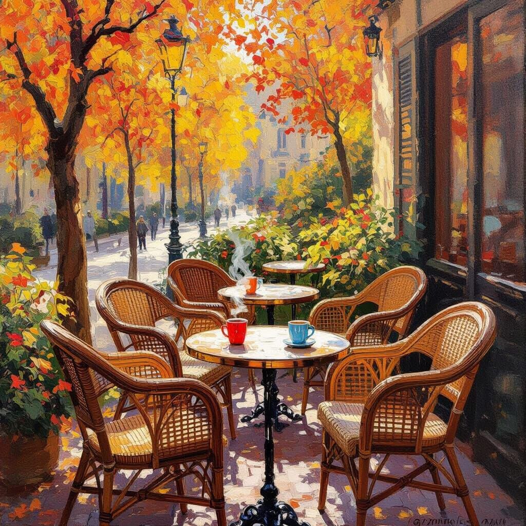 Autumn Cafe Scene in Impressionist Style