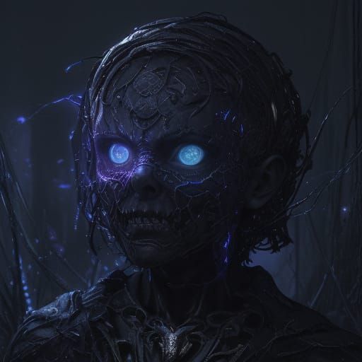 Surreal Boy with Glowing Eyes in Dark Abstract Style