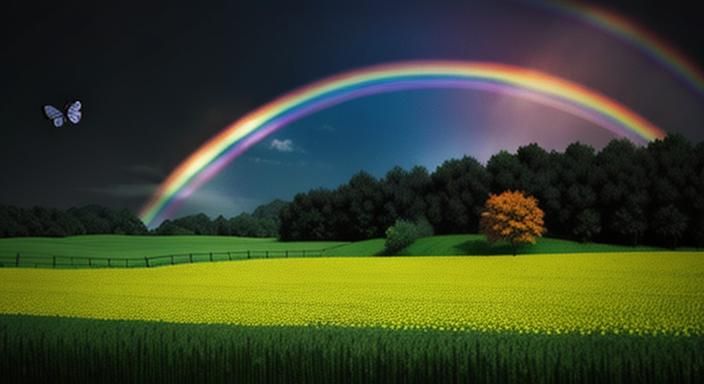 Storybook Farmland with Butterflies and Rainbow