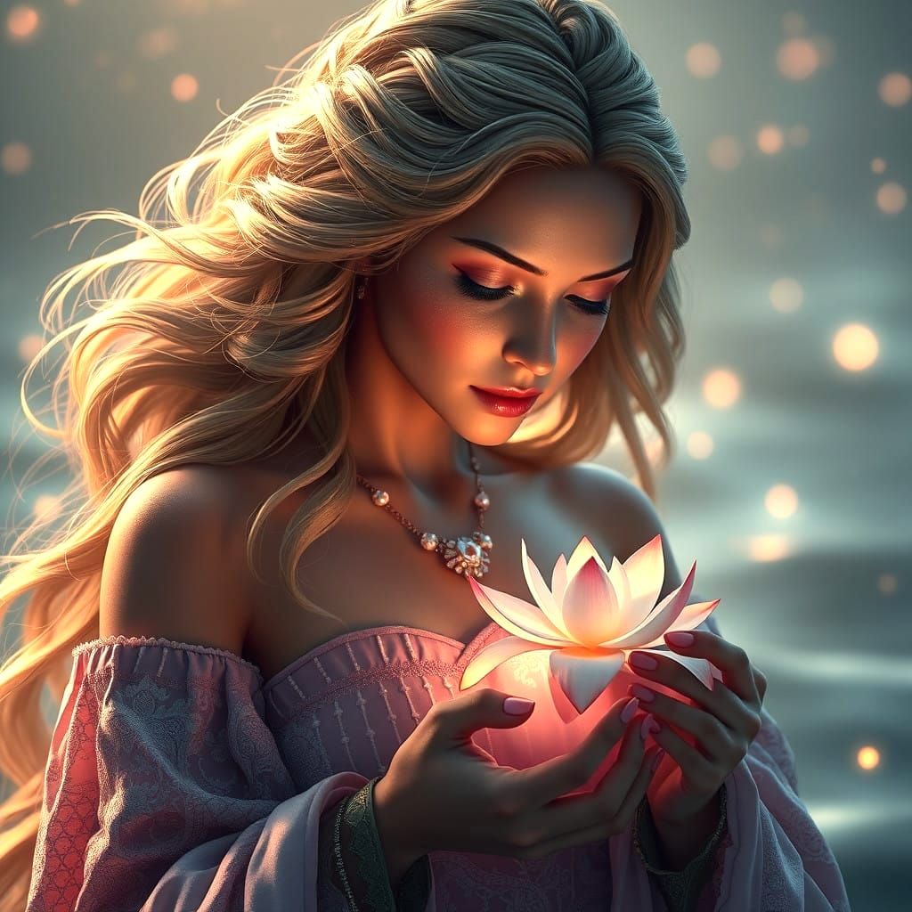 Ethereal Goddess Adorns Water Lily with Intricate Splendor