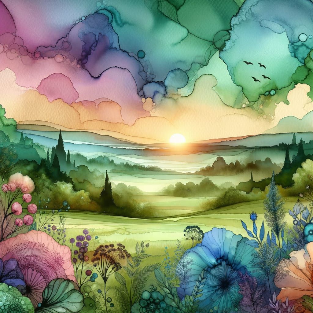 Sunrise Over Verdant Valley in Watercolor Style