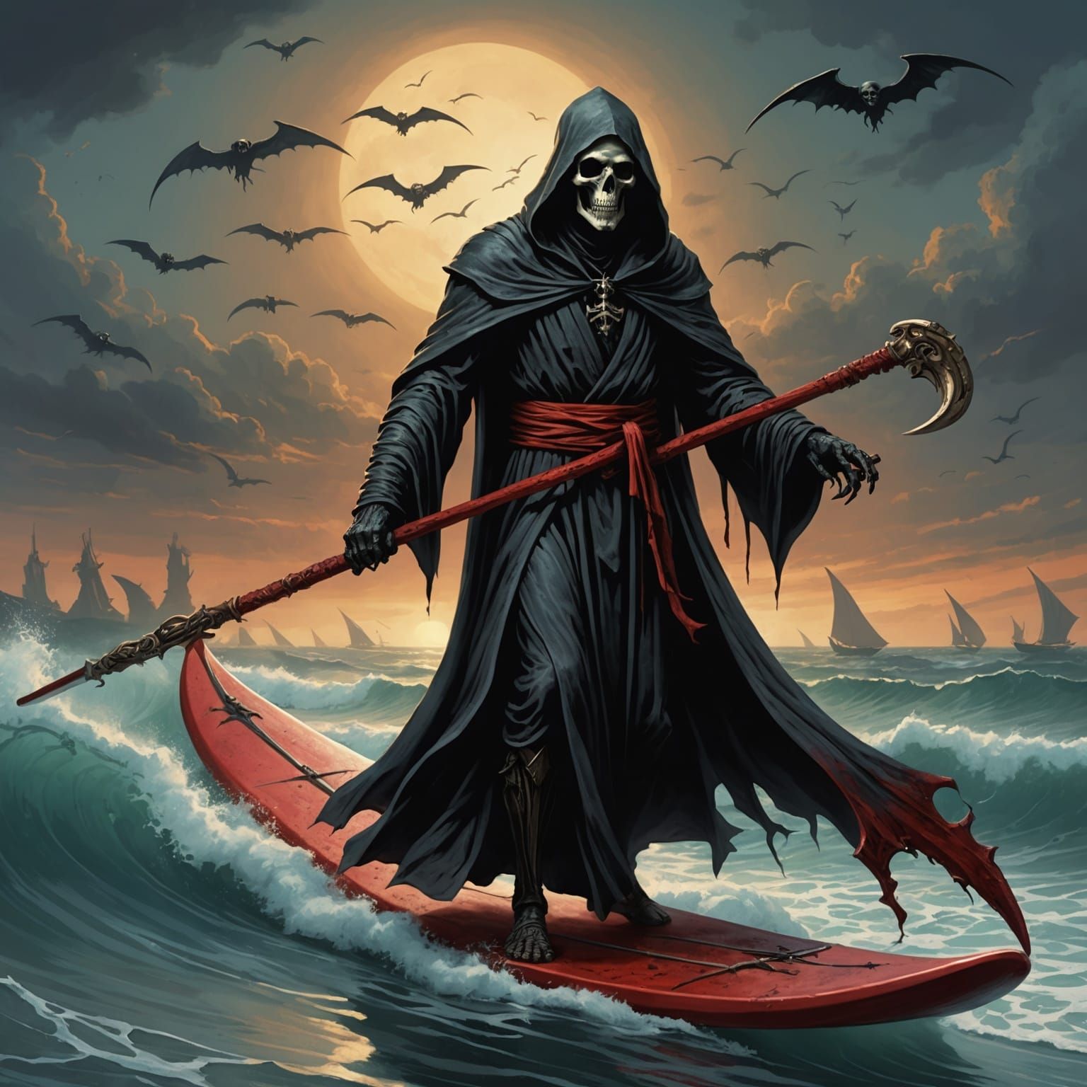 Grim Reaper Surfing Souls to Afterlife
