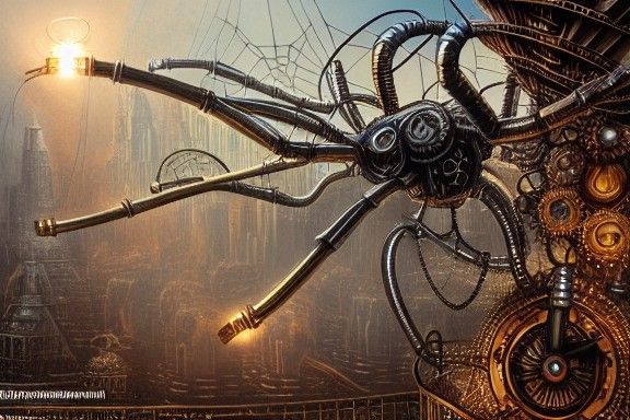 Steampunk Biomechanical Spider in Brass Landscape