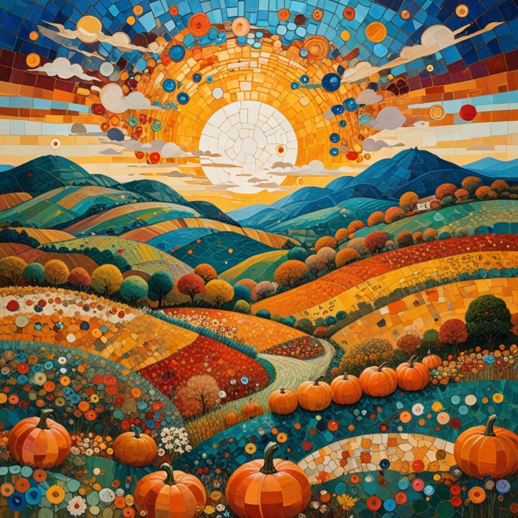 Autumn Harvest Sunset Mosaic Landscape