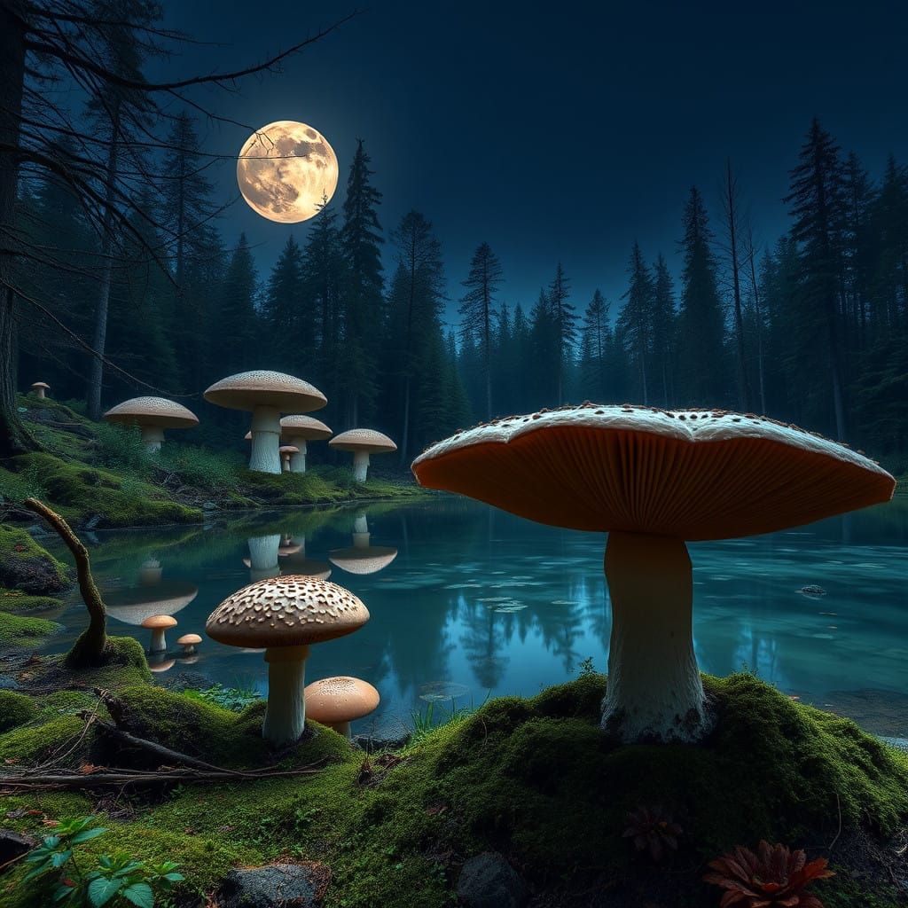 mystic lake surrounded by giant mushrooms and owergrovn forest, nigh, fool moon.