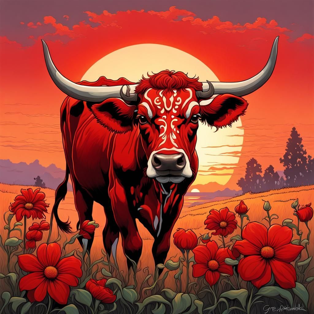 Cute Indian Cow Grazing in Art Nouveau Sunset