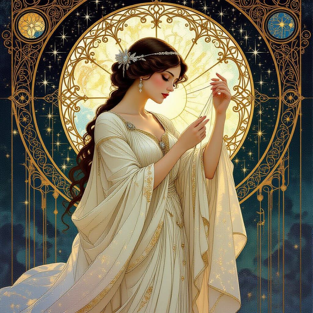 Celestial Seamstress Weaving Starlight Gowns in Art Nouveau ...
