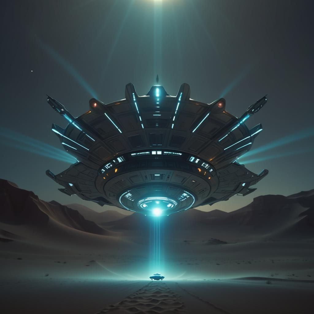 Flying Saucer over Desert in Sci-Fi Style