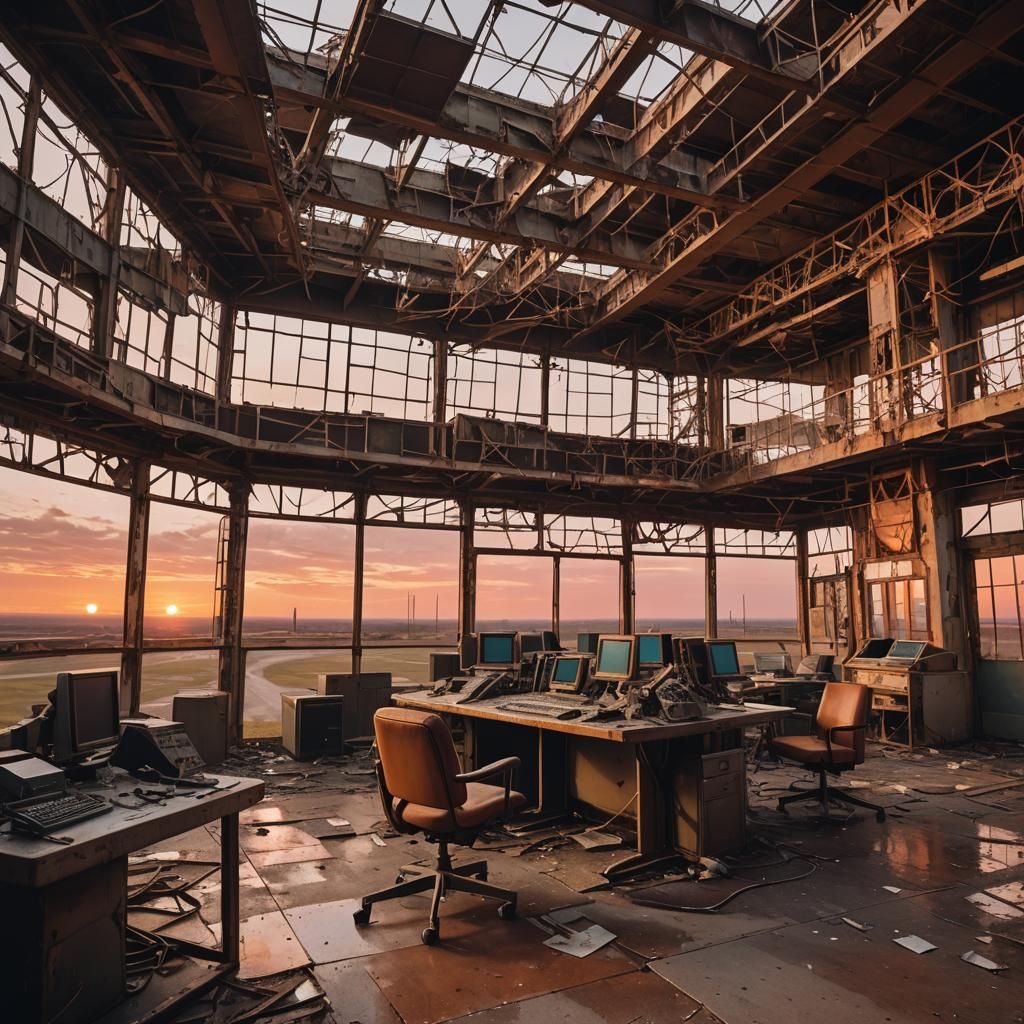 Abandoned Airport Tower at Sunset: Industrial Landscape Phot...