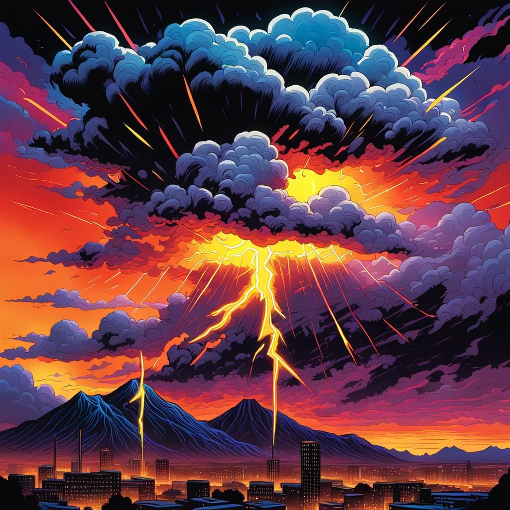 Ominous Neon Cloudscape in Comic Book Style