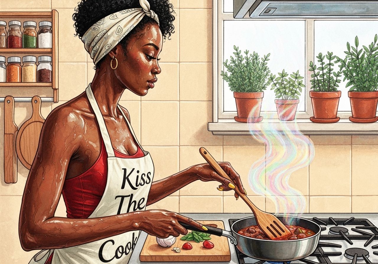 Black Woman Cooking in Kitchen, Wet Liquid Illustration Styl...
