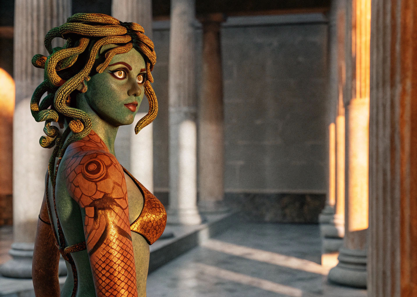 Medusa with Golden Tattoos in Ancient Temple