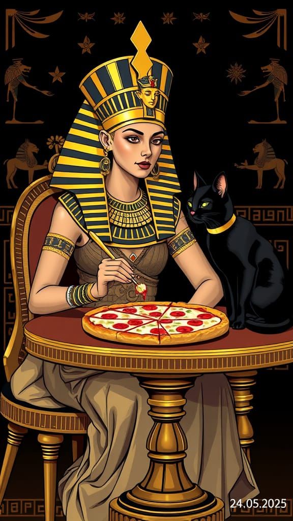 Egyptian Queen Enjoys Pizza in Vector Art Style