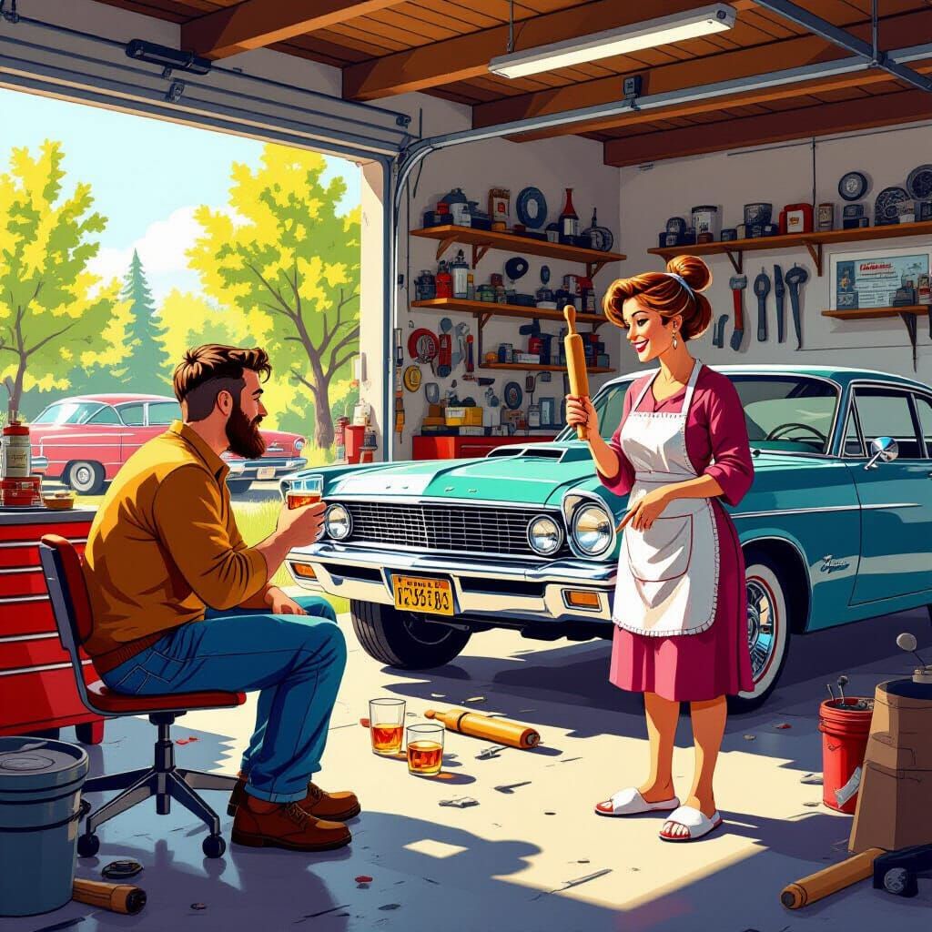 Cartoon Garage Scene: Whiskey, Friends, and Wife