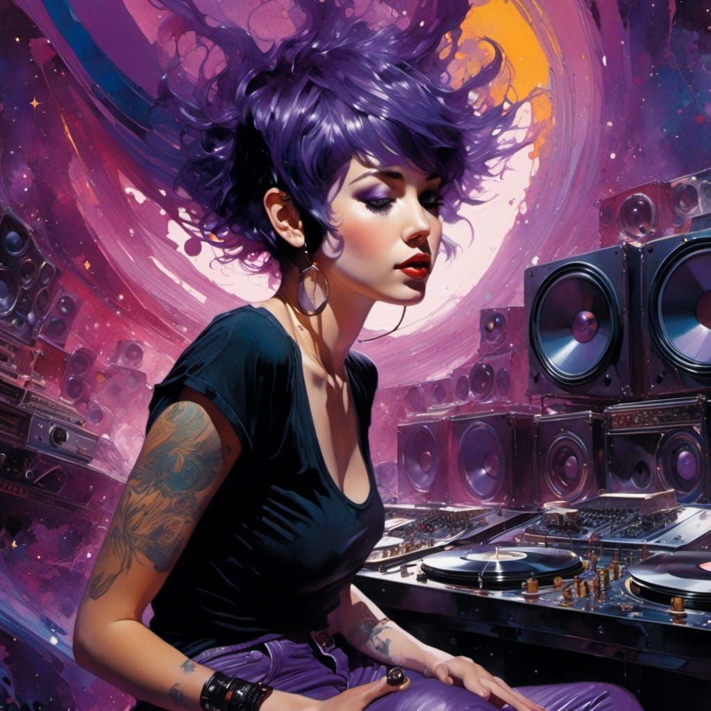 Girl with Purple Hair Rocking Out in Inky Watercolor