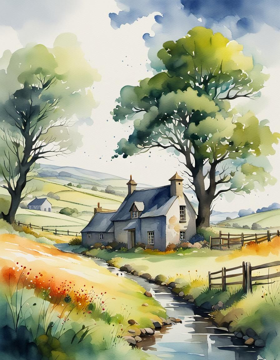 Irish Farm Landscape in Detailed Abstract Watercolor