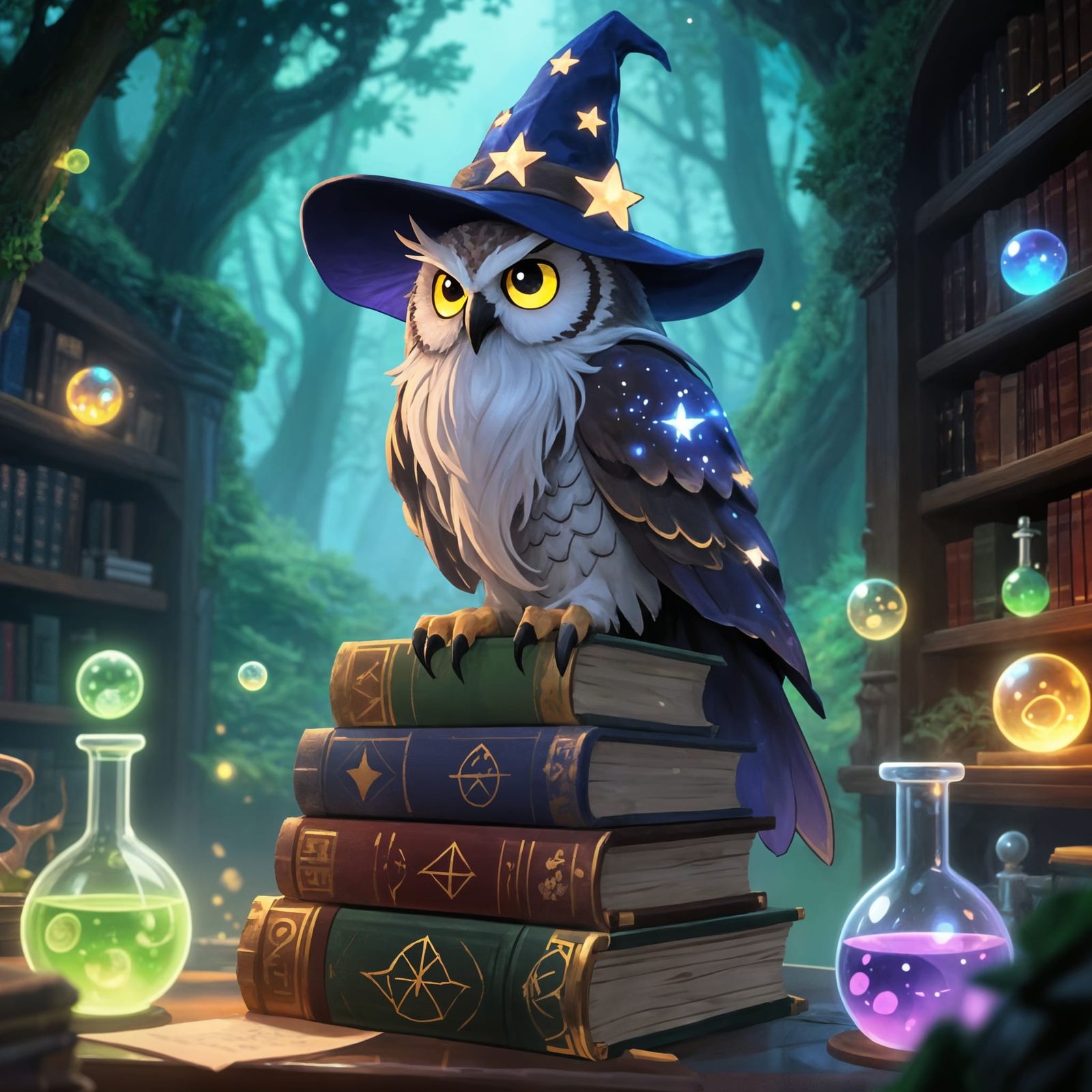 Wise Owl Wizard in Forest Library