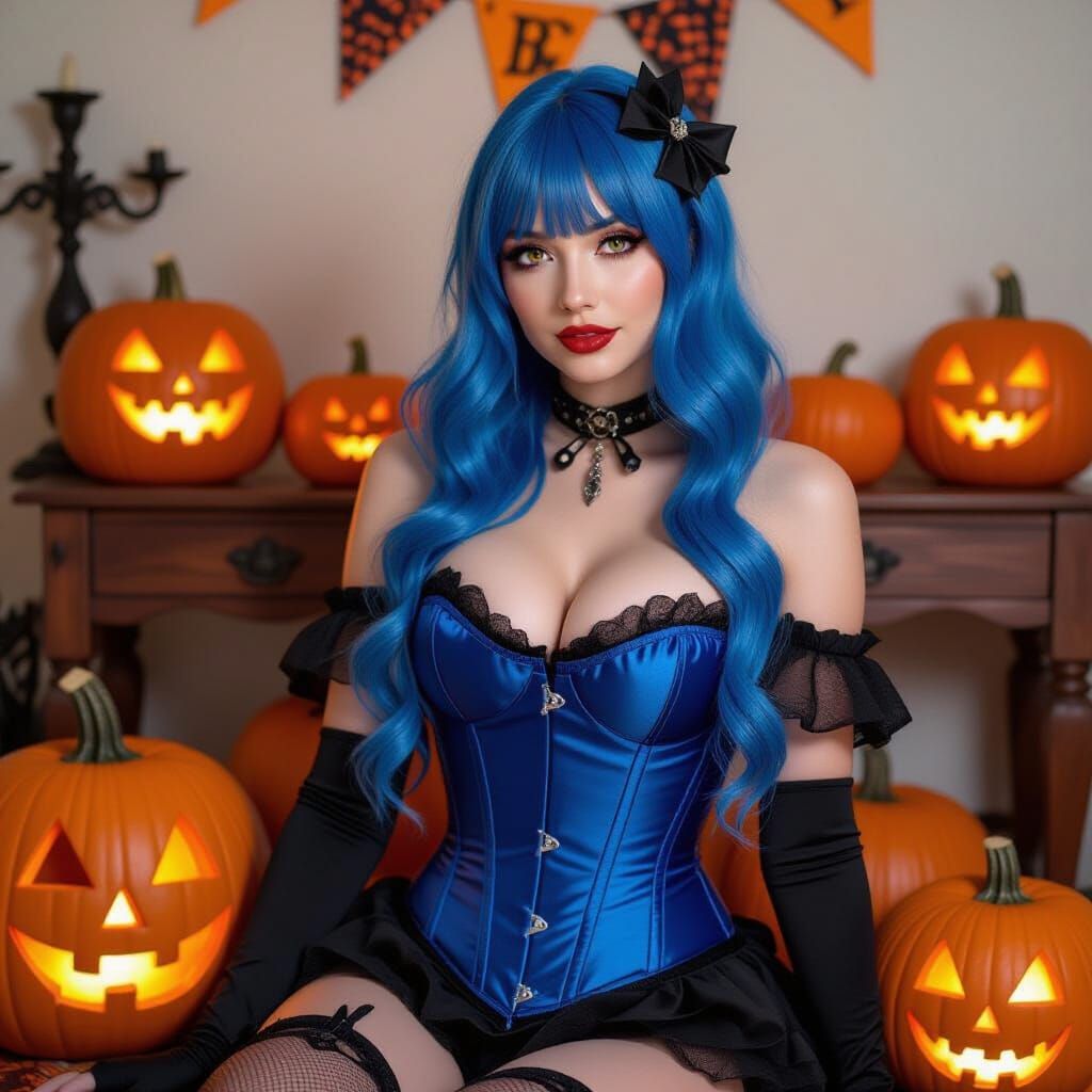 Blue Haired Woman in Halloween Corset with Pumpkins