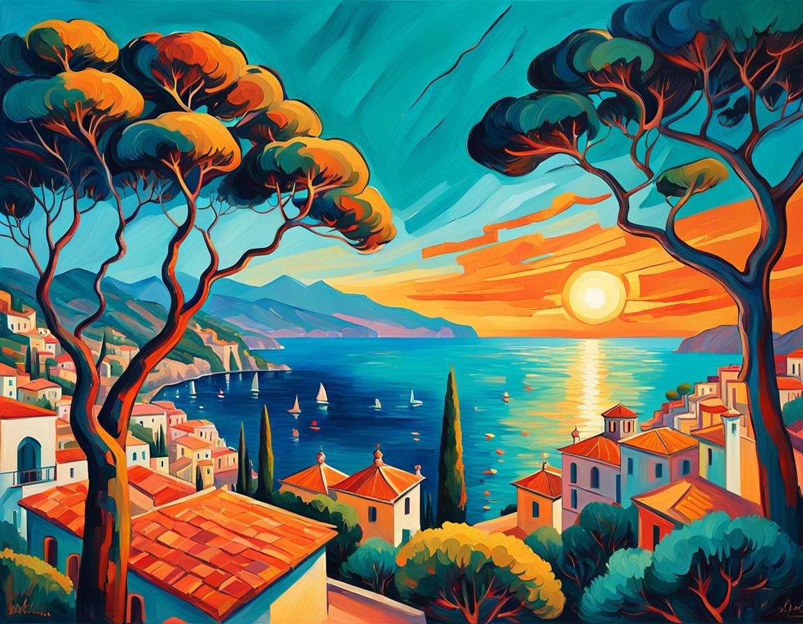 Vibrant Fauvist Amalfi Coast Sunset Painting