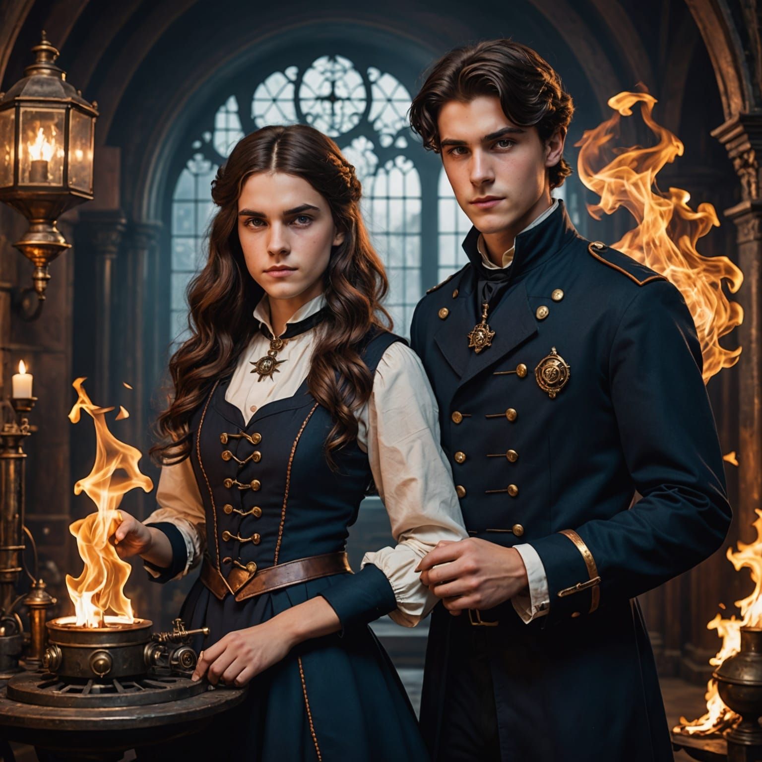 Teenage Wizards Practice Magic in Gothic Steampunk Room