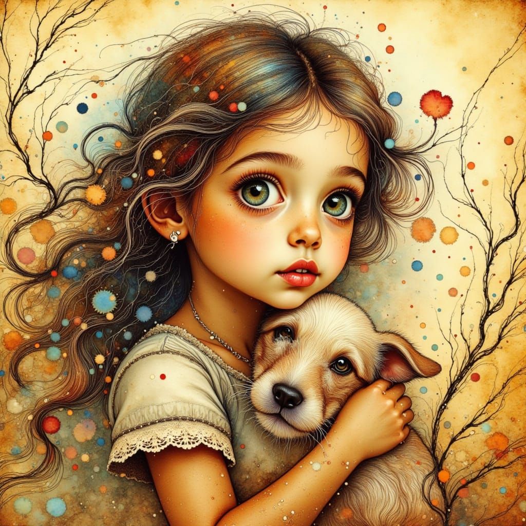 Hopeful Girl Embraces Dog in Warm Storybook Light