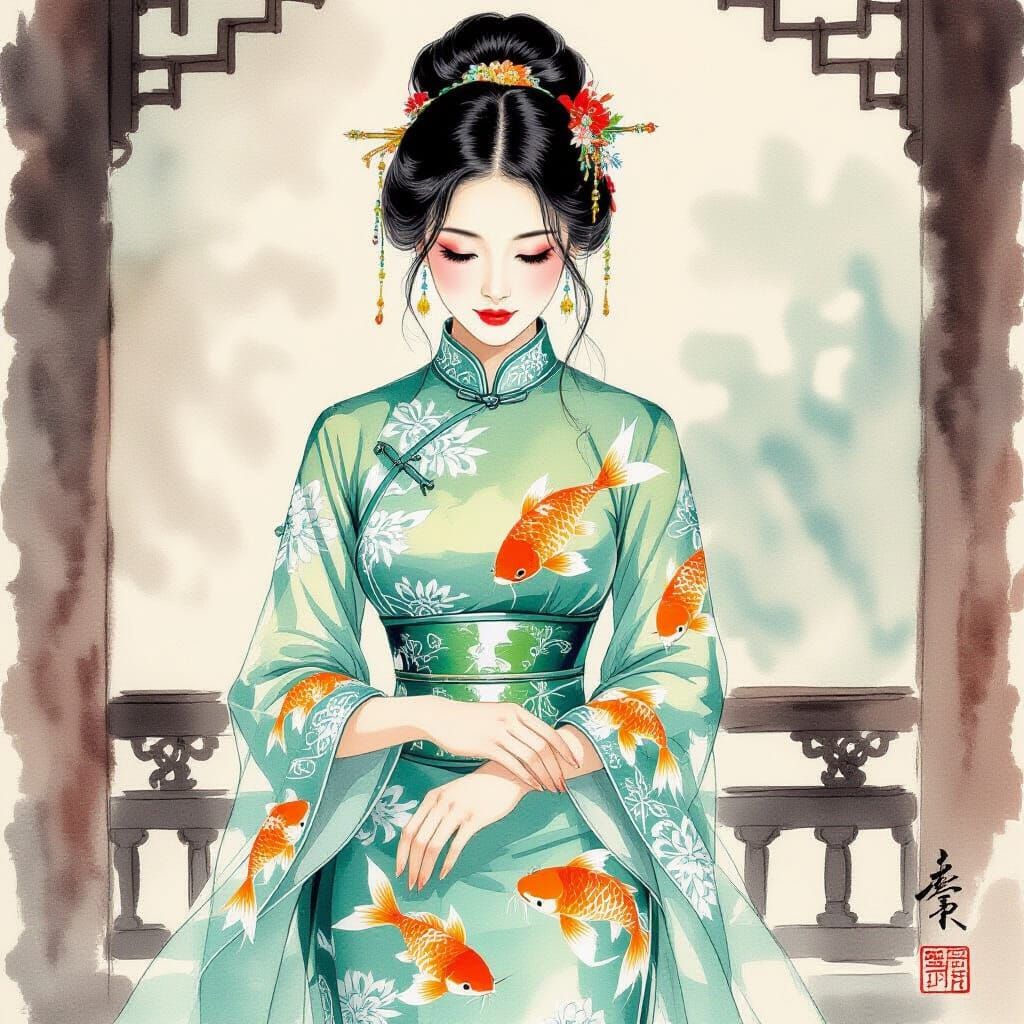 Beautiful Chinese Maiden in Flowing Glass Cheongsam