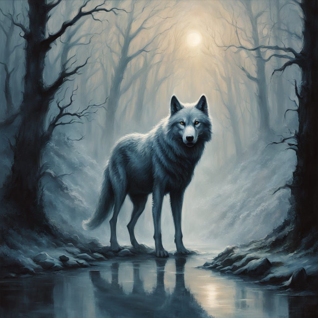 Ethereal Wolf Genie in Dreamlike Oil Painting Style
