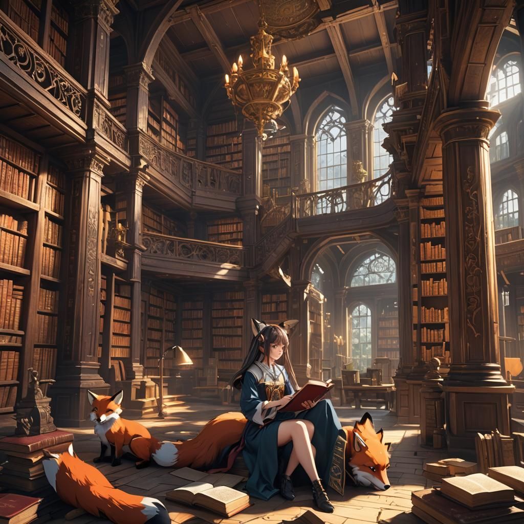 Anime Fox Girl Reads in Ancient Library
