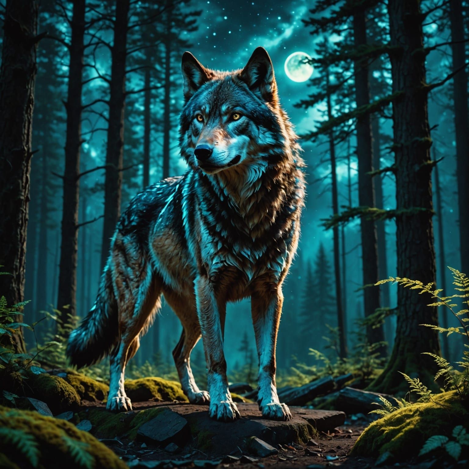 Fierce Wolf in Bioluminescent Night Forest, Hyperrealistic