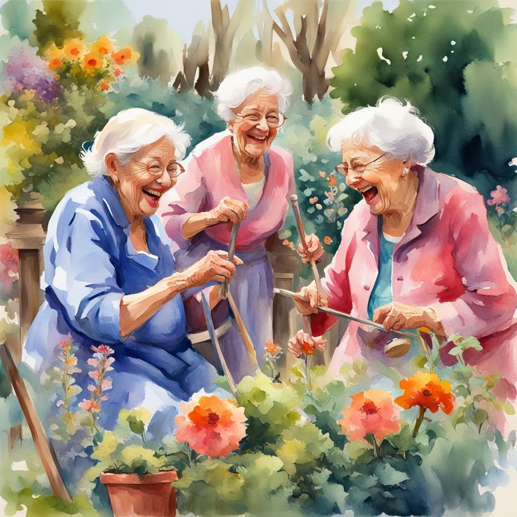 Laughing Gardeners in Impressionist Watercolor Style