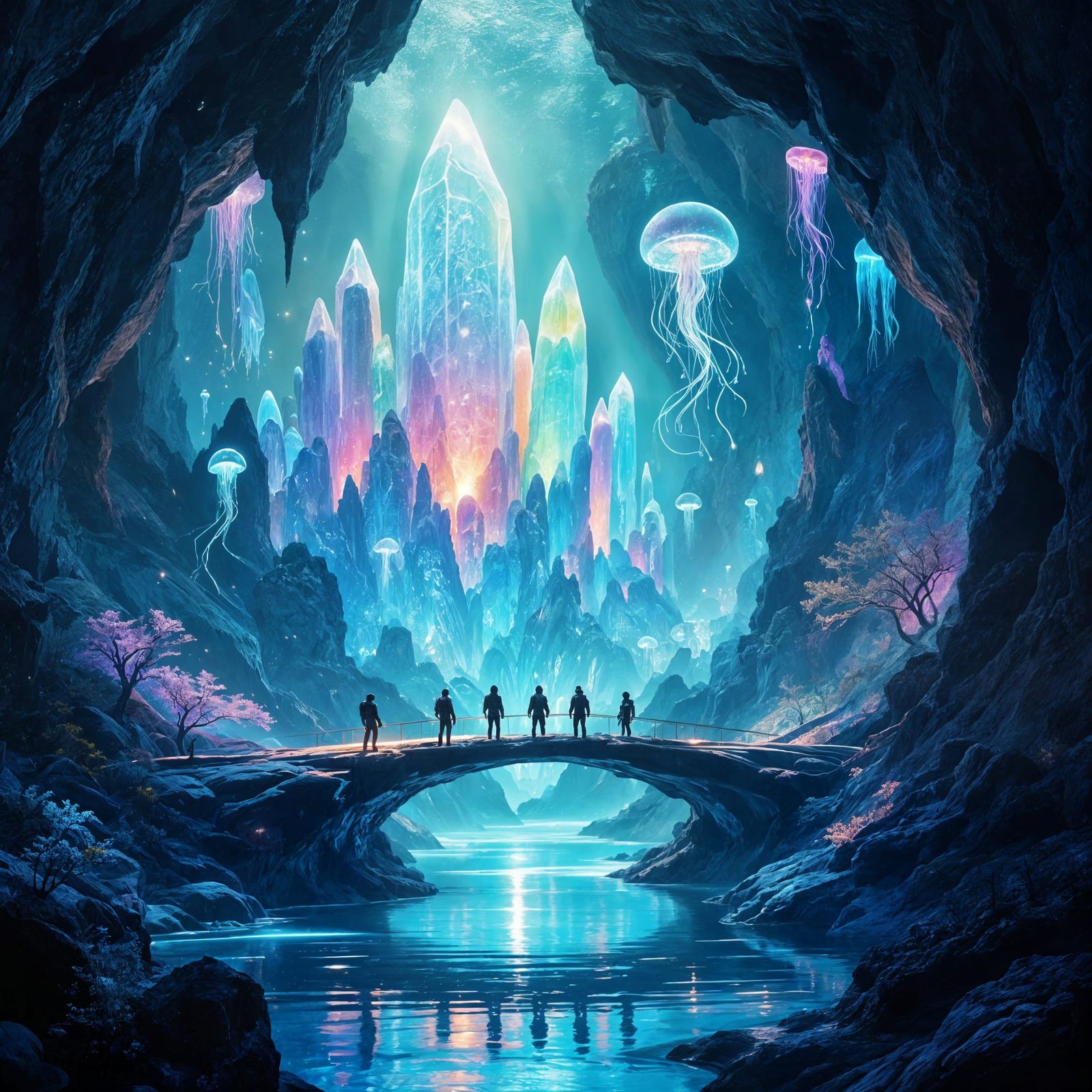 Bioluminescent Alien Cavern Explored by Human Team