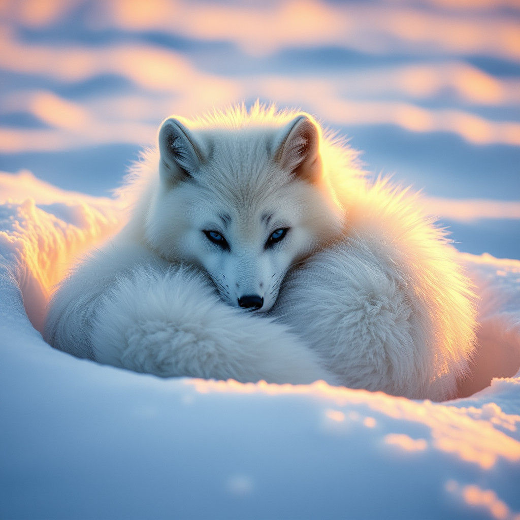 Arctic Fox Curled in Snowdrift with Blue Eyes