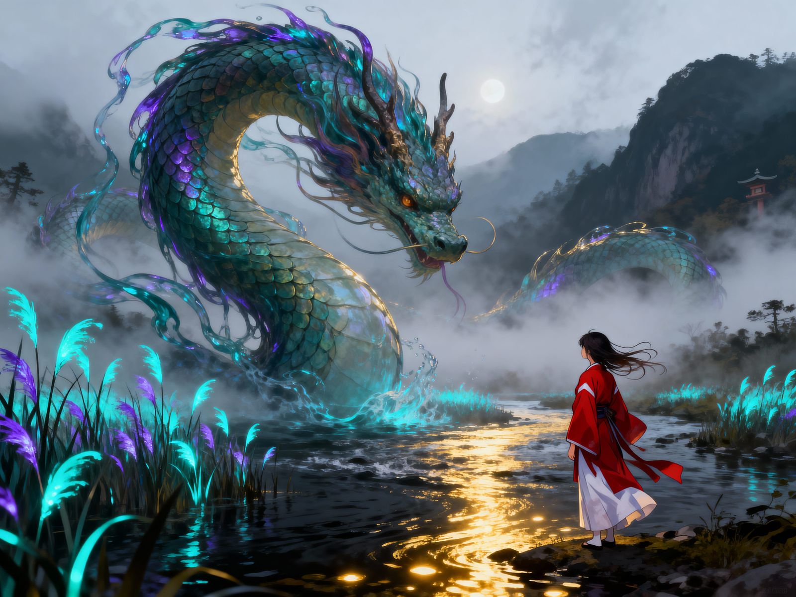 Massive Serpent Spirit Rises From Misty River, Shrine Maiden...