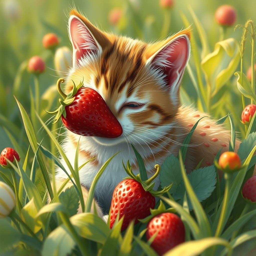 Whimsical Cat Amidst Strawberry Delight in a Sunny Meadow