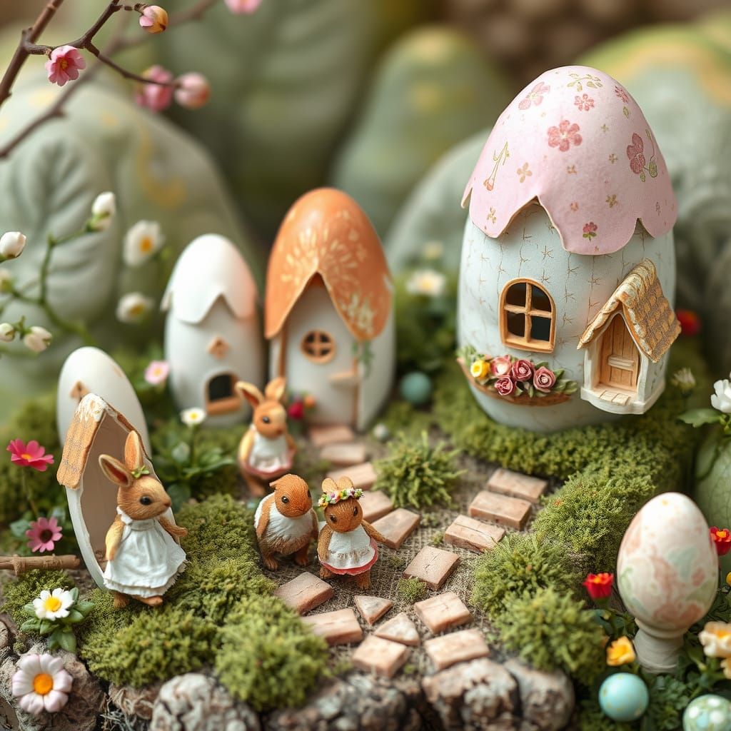 Delicate Eggshell Village in Whimsical Pastel Hues