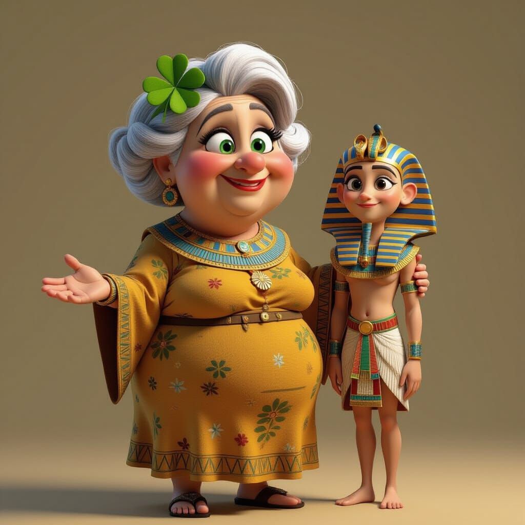Plump Egyptian Grandma Meets Tutankhamun in Pixar Style