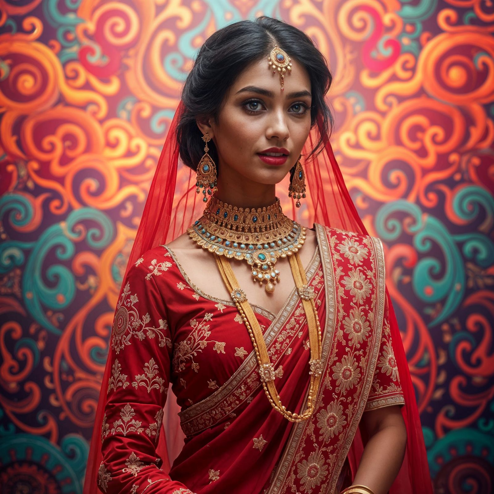 Surreal Red Indian Princess in Vibrant Lehenga Choli Attire