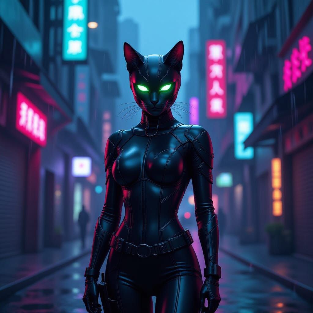 Cyberpunk Catwoman in Futuristic Cityscape
