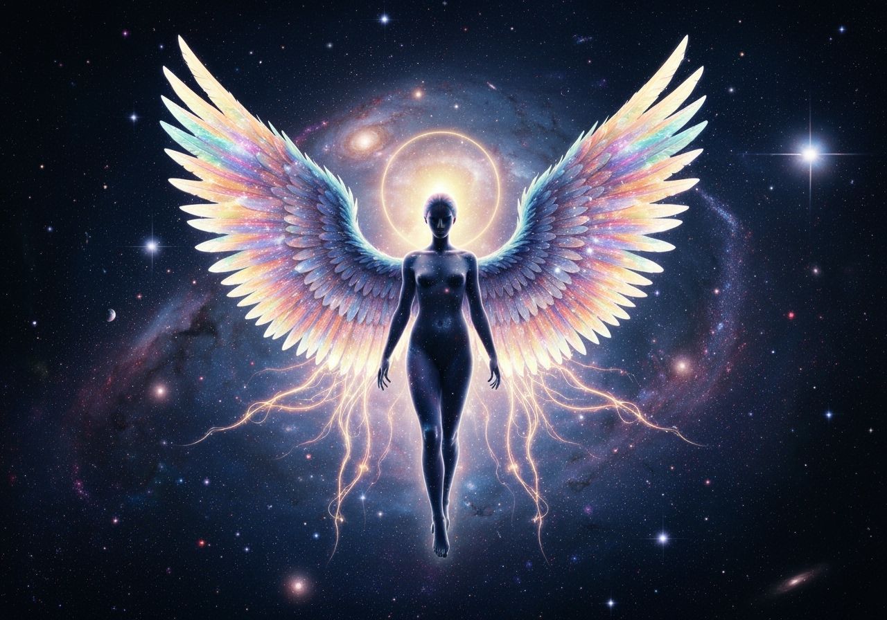 Holographic Astral Angel in Mixed Media Style
