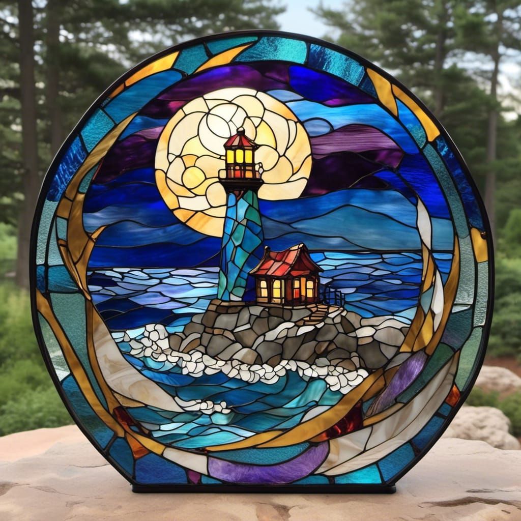 Stained Glass Lighthouse Under Moonlight