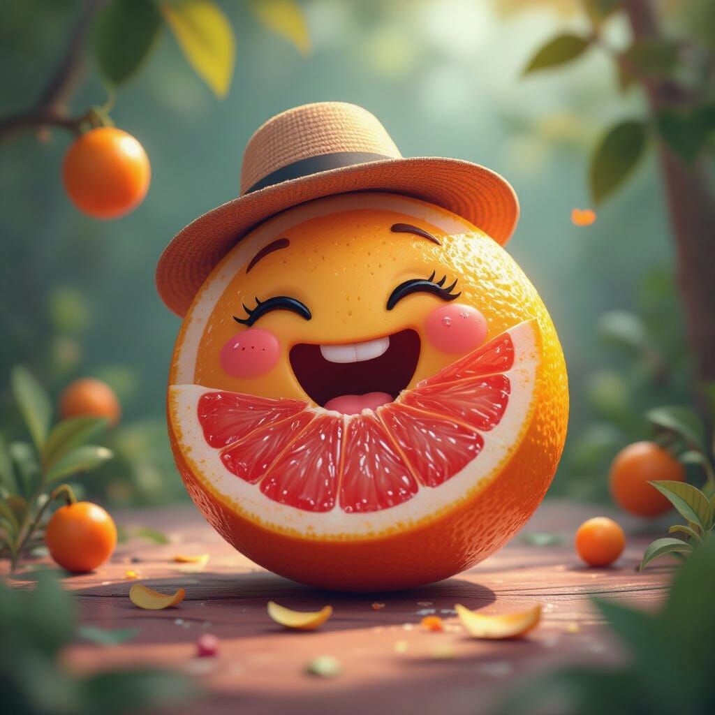 Laughing Grapefruit with Hat in Fantasy Style