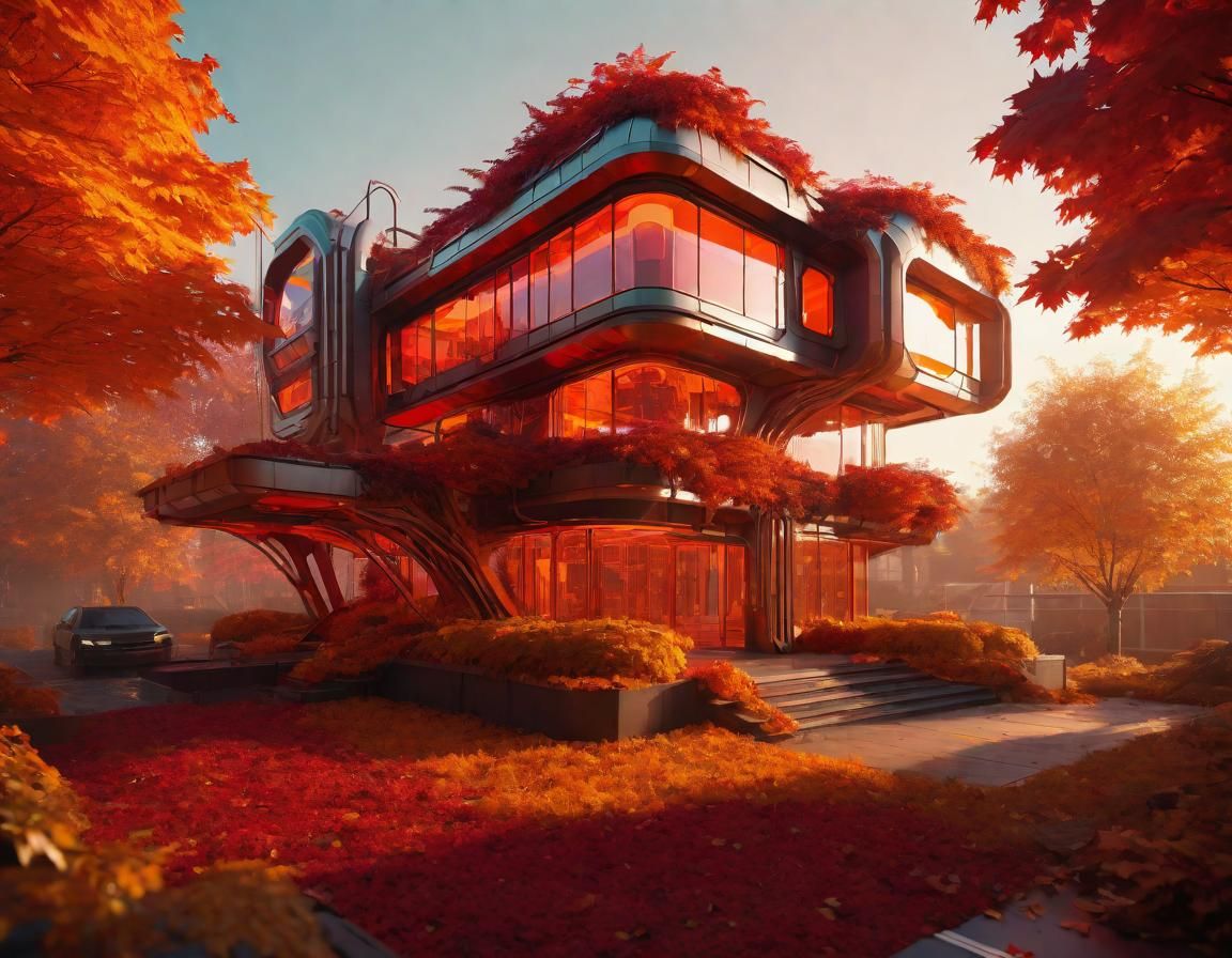 Utopian Cyberpunk House with Autumn Gardens