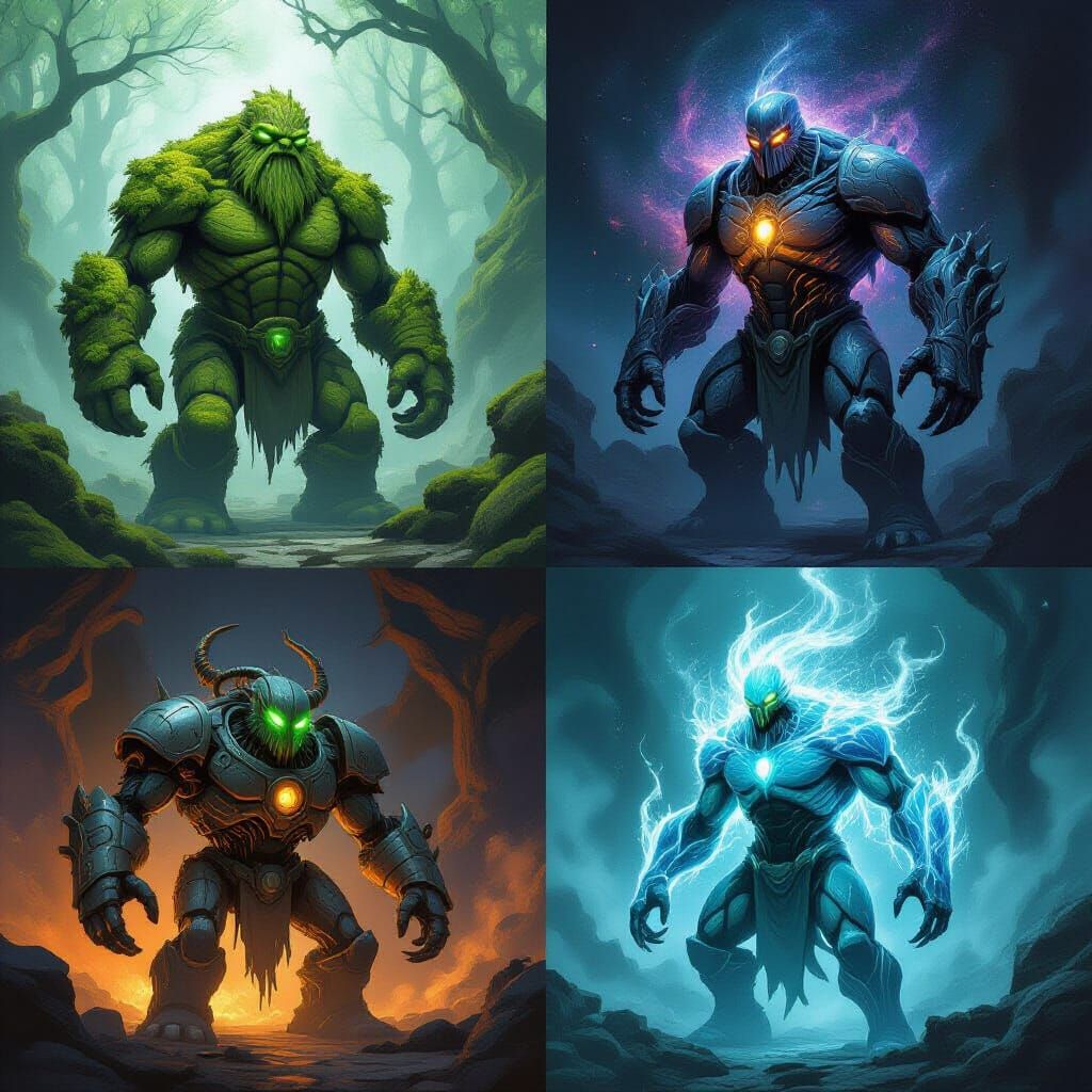 Six Unique Golems in Dramatic Ethereal Lighting