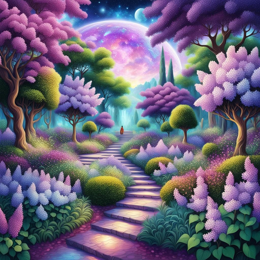 Lilac Bushes: A Cosmic Mixed Media Illustration