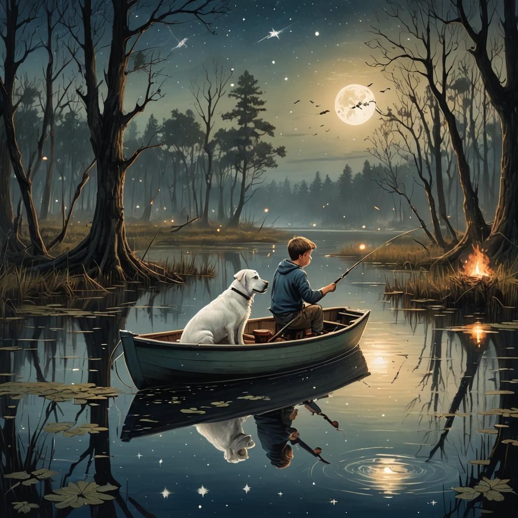 Night Fishing Adventure with Boy and Dog